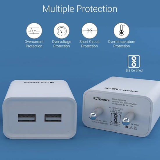 Portronics Adapto 66 2.4A 12w Dual USB Port 5V/2.4A Wall Charger,Comes with 1M Micro USB Cable, USB Wall Charger Adapter for iPhone 11/Xs/XS Max/XR/X/8/7/6/Plus(White)
