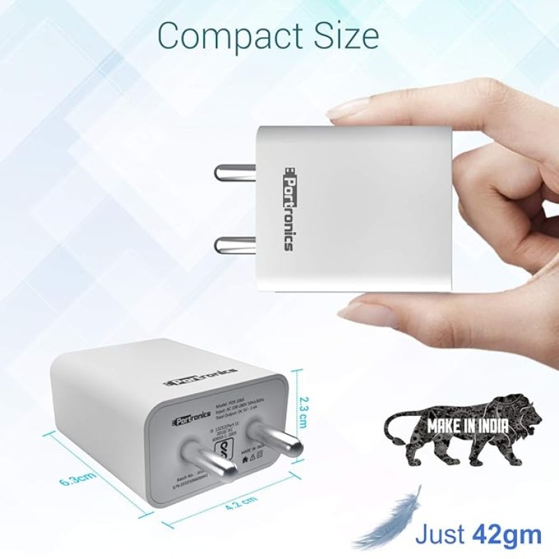 Portronics Adapto 66 2.4A 12w Dual USB Port 5V/2.4A Wall Charger,Comes with 1M Micro USB Cable, USB Wall Charger Adapter for iPhone 11/Xs/XS Max/XR/X/8/7/6/Plus(White)