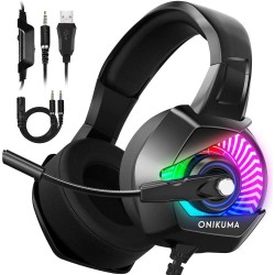 ONIKUMA K6RGB Stereo Gaming Headset for PS4, PC, Xbox One Controller, Noise Cancelling Over Ear Headphones with Mic, LED Light, Bass Surround, Soft Me