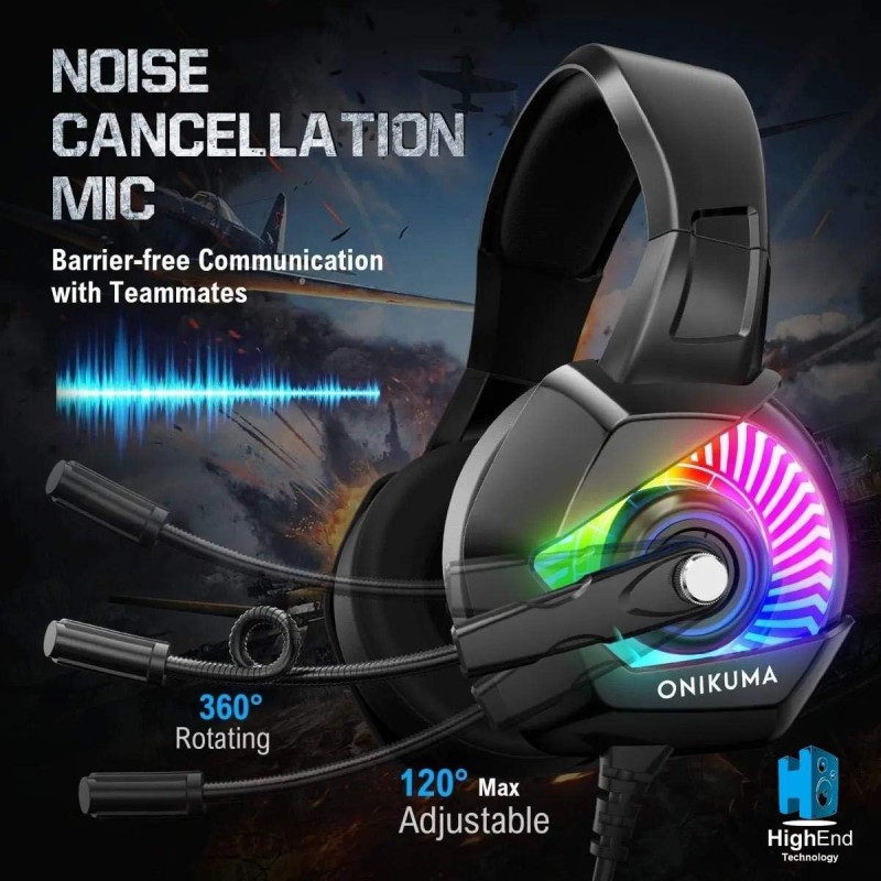 ONIKUMA K6RGB Stereo Gaming Headset for PS4, PC, Xbox One Controller, Noise Cancelling Over Ear Headphones with Mic, LED Light, Bass Surround, Soft Me ONIKUMA K6RGB Stereo Gaming Headset for PS4, PC, Xbox One Controller, Noise Cancelling Over Ear Headphones with Mic, LED Light, Bass Surround, Soft Me