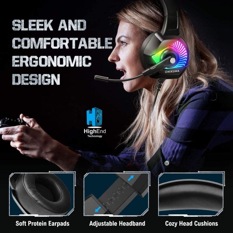 ONIKUMA K6RGB Stereo Gaming Headset for PS4, PC, Xbox One Controller, Noise Cancelling Over Ear Headphones with Mic, LED Light, Bass Surround, Soft Me ONIKUMA K6RGB Stereo Gaming Headset for PS4, PC, Xbox One Controller, Noise Cancelling Over Ear Headphones with Mic, LED Light, Bass Surround, Soft Me