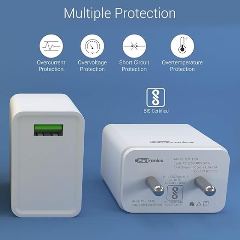 Portronics Adapto ONE POR-1103 3A Fast Charging Adapter with 3M Type C Cable (White)