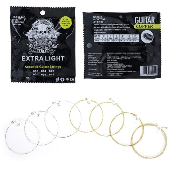 Juarez Extra Light Copper Wound Acoustic Guitar Strings Set – 0.010–0.048 Gauge, 7 Strings (Extra 1st String), Bright Copper Tone, Includes 2 Picks – For All Acoustic Guitars JAGSP300 Juarez Extra Light Copper Wound Acoustic Guitar Strings Set – 0.010–0.048 Gauge, 7 Strings (Extra 1st String), Bright Copper Tone, Includes 2 Picks – For All Acoustic Guitars JAGSP300