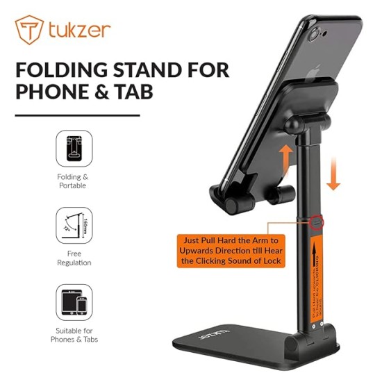 Tukzer Tabletop Fully Foldable Desktop Tablet Mobile Stand Holder with Angle & Height Adjustable for Desk, Cradle, Dock, Compatible with Smartphones & Tablets (Black) Tukzer Tabletop Fully Foldable Desktop Tablet Mobile Stand Holder with Angle & Height Adjustable for Desk, Cradle, Dock, Compatible with Smartphones & Tablets (Black)