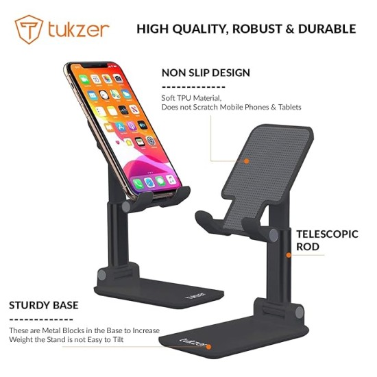 Tukzer Tabletop Fully Foldable Desktop Tablet Mobile Stand Holder with Angle & Height Adjustable for Desk, Cradle, Dock, Compatible with Smartphones & Tablets (Black) Tukzer Tabletop Fully Foldable Desktop Tablet Mobile Stand Holder with Angle & Height Adjustable for Desk, Cradle, Dock, Compatible with Smartphones & Tablets (Black)