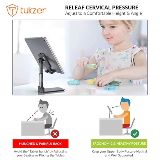 Tukzer Tabletop Fully Foldable Desktop Tablet Mobile Stand Holder with Angle & Height Adjustable for Desk, Cradle, Dock, Compatible with Smartphones & Tablets (Black) Tukzer Tabletop Fully Foldable Desktop Tablet Mobile Stand Holder with Angle & Height Adjustable for Desk, Cradle, Dock, Compatible with Smartphones & Tablets (Black)