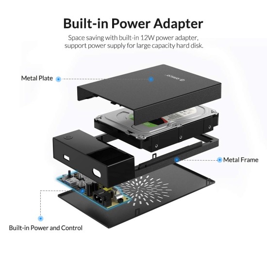 ORICO 3.5 Drive Enclosure USB3.0 Disk Enclosure to SATA III Portable Disk Case Tool-Free External Adapter for 2.5/3.5inch SSD HDD with Built-in 12W Power Supply Up to 16TB Support UASP