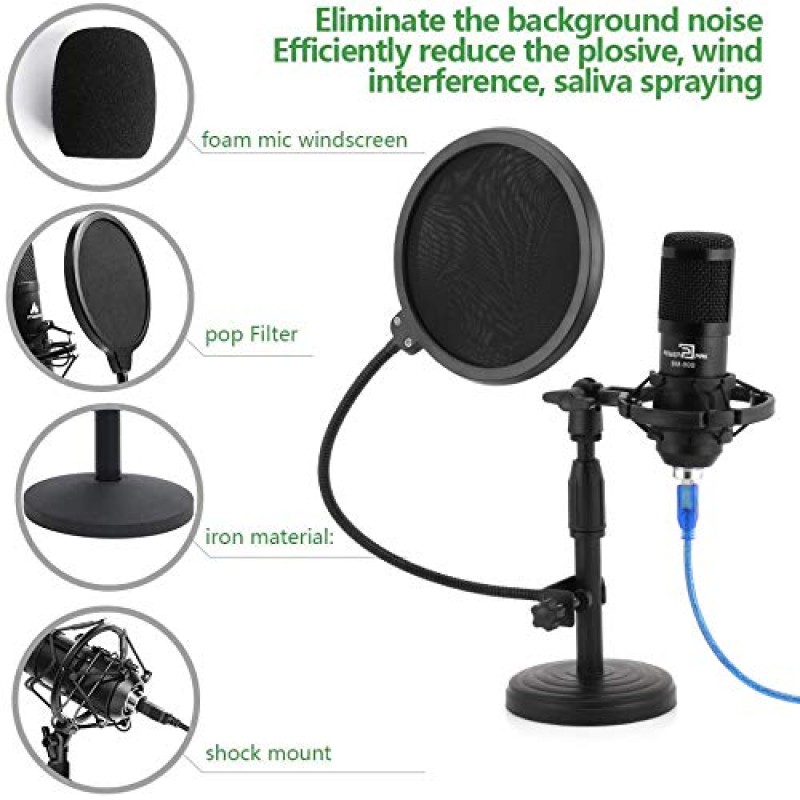Powerpak BM-800 Black Condenser Microphone with Mini Pole Stand Pop Filter Shock Mount Foam Cap USB Cable | No Driver Just Plug and Play Powerpak BM-800 Black Condenser Microphone with Mini Pole Stand Pop Filter Shock Mount Foam Cap USB Cable | No Driver Just Plug and Play