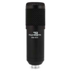 Powerpak BM-800 Black Condenser Microphone with Mini Pole Stand Pop Filter Shock Mount Foam Cap USB Cable | No Driver Just Plug and Play