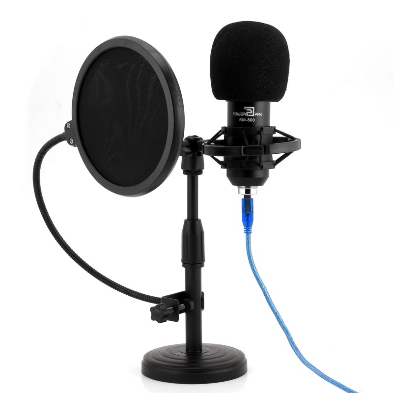 Powerpak BM-800 Black Condenser Microphone with Mini Pole Stand Pop Filter Shock Mount Foam Cap USB Cable | No Driver Just Plug and Play Powerpak BM-800 Black Condenser Microphone with Mini Pole Stand Pop Filter Shock Mount Foam Cap USB Cable | No Driver Just Plug and Play