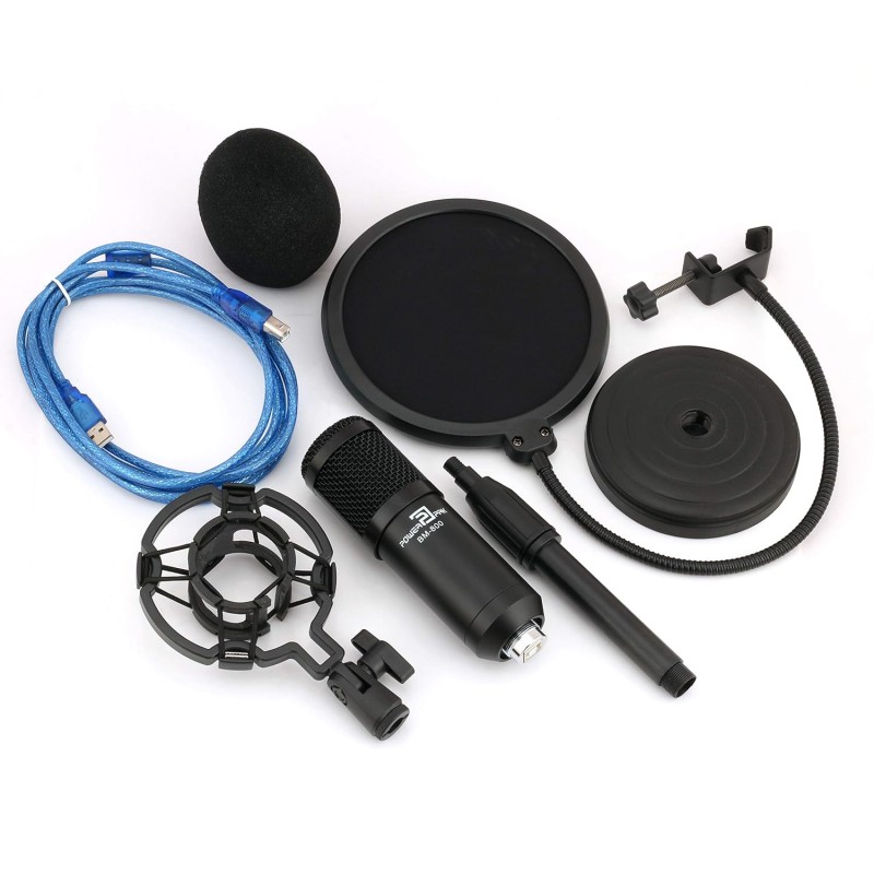 Powerpak BM-800 Black Condenser Microphone with Mini Pole Stand Pop Filter Shock Mount Foam Cap USB Cable | No Driver Just Plug and Play Powerpak BM-800 Black Condenser Microphone with Mini Pole Stand Pop Filter Shock Mount Foam Cap USB Cable | No Driver Just Plug and Play