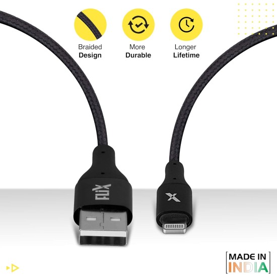 FLiX (Beetel) USB to Lightning Nylon Braided Data Sync & 2A Fast Charging Cable, Made in India, 480Mbps Data Sync, Super strong & Durable Nylon Cable, 1 Meter Long USB Cable (Black)(XCD-L103)