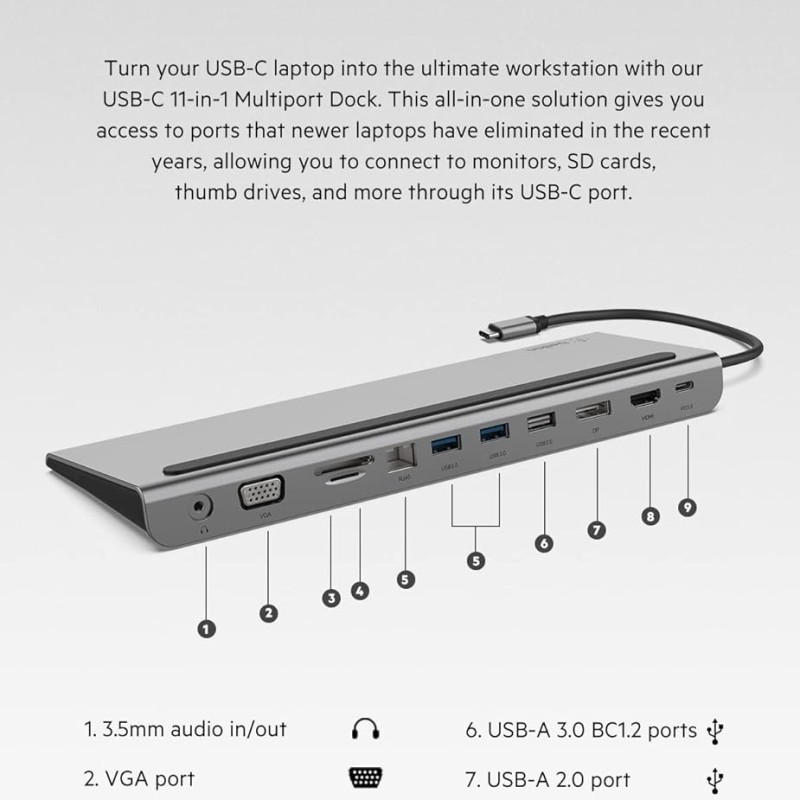 Belkin USB C Hub, 11-in-1 MultiPort Adapter Dock with 4K HDMI, DP, VGA, USB-C 100W PD Pass-Through Charging, 3 USB A, Gigabit Ethernet, SD, MicroSD, 3.5mm Ports for MacBook Pro, Air, XPS and More Belkin USB C Hub, 11-in-1 MultiPort Adapter Dock with 4K HDMI, DP, VGA, USB-C 100W PD Pass-Through Charging, 3 USB A, Gigabit Ethernet, SD, MicroSD, 3.5mm Ports for MacBook Pro, Air, XPS and More