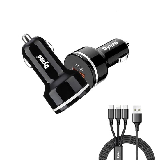 Dyazo 30 Watt Qualcomm 3.0 Fast Charging Dual USB Port CAR Mobile Charger QC 3.0 2.4 A with Free 3 in 1 Cable Fast Charging Compatible with Samsung Galaxy iPhone XR X 8 7 6 5 Moto LG & More