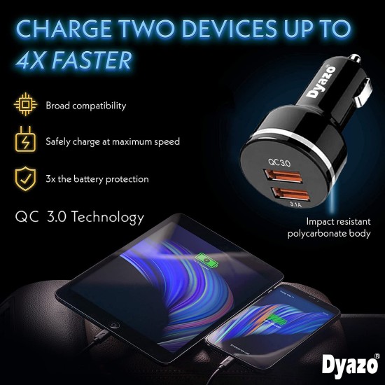 Dyazo 30 Watt Qualcomm 3.0 Fast Charging Dual USB Port CAR Mobile Charger QC 3.0 2.4 A with Free 3 in 1 Cable Fast Charging Compatible with Samsung Galaxy iPhone XR X 8 7 6 5 Moto LG & More