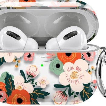 Maxjoy Compatible AirPods Pro Case Cover, Clear Cute Protective Case with Keychain Strap Hard Shockproof Floral Cover for Women Girls Men Compatible with Apple AirPods Pro 3 Charging Case, Flower