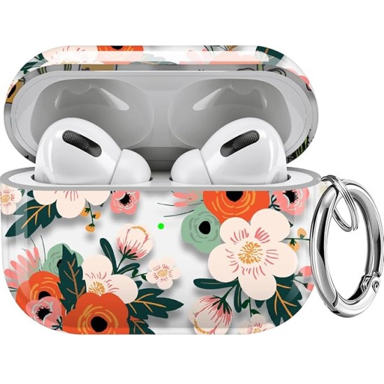 Maxjoy Compatible AirPods Pro Case Cover, Clear Cute Protective Case with Keychain Strap Hard Shockproof Floral Cover for Women Girls Men Compatible with Apple AirPods Pro 3 Charging Case, Flower