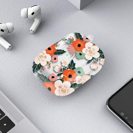 Maxjoy Compatible AirPods Pro Case Cover, Clear Cute Protective Case with Keychain Strap Hard Shockproof Floral Cover for Women Girls Men Compatible with Apple AirPods Pro 3 Charging Case, Flower