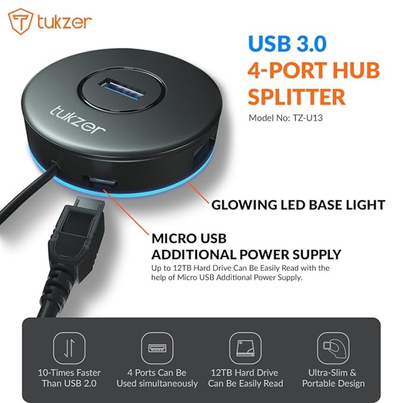 Tukzer 4-Ports USB A to USB 3.0 HUB with High-Speed Data Transfer & Fast Charging| Compatible for MacBook, Mac Mini, iMac Pro, Microsoft Surface, UltraBooks, Laptops, Notebooks & Desktops (Black) Tukzer 4-Ports USB A to USB 3.0 HUB with High-Speed Data Transfer & Fast Charging| Compatible for MacBook, Mac Mini, iMac Pro, Microsoft Surface, UltraBooks, Laptops, Notebooks & Desktops (Black)
