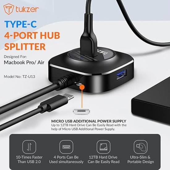 Tukzer USB C Hub Ultra-Slim USB-C Superspeed Adapter with 4 USB 3.0 Ports USB Type C Hub for All Laptops and More USB Type C Devices