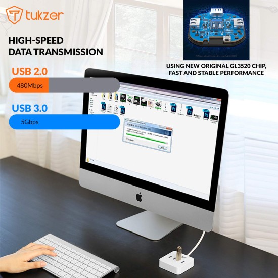 Tukzer 4-Ports USB A to USB 3.0 HUB with High-Speed Data Transfer & Fast Charing Ports, Compatible for MacBook Air, Mac Mini, iMac Pro, Microsoft Surface, UltraBooks, Laptop, Notebook, Desktop (White)