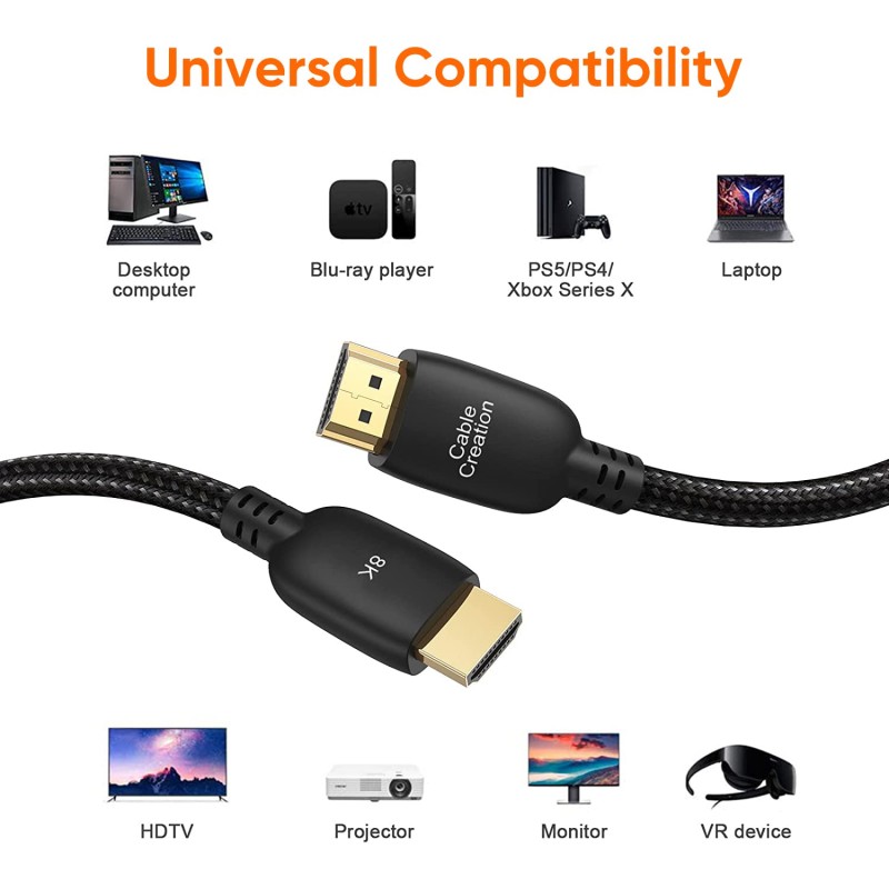 CableCreation 8K HDMI Cable 6 Feet, Braided Ultra High Speed HDMI Cable 48Gbps 8K@60Hz, 4K@120Hz 144Hz eARC HDR HDCP 2.2 & 2.3 Compatible with PS5, PS4, Xbox Series X, Roku TV, Rtx 3080 (Black) CableCreation 8K HDMI Cable 6 Feet, Braided Ultra High Speed HDMI Cable 48Gbps 8K@60Hz, 4K@120Hz 144Hz eARC HDR HDCP 2.2 & 2.3 Compatible with PS5, PS4, Xbox Series X, Roku TV, Rtx 3080 (Black)