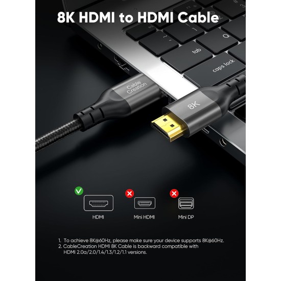 CableCreation 8K HDMI Cable 3.3 Feet, 48Gbps 4K 8K/60Hz HDMI Cable eARC HDR HDCP 2.2 2.3 Compatible with PS5, PS4, Xbox Series X, MacBook Pro 2021, Roku TV, Sony TV, Samsung TV, PC, Laptop, Grey