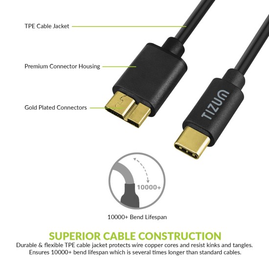 Tizum Z97- USB Type-C to Micro-B USB 3.0 (Gen 2/10 Gbps) Charger Cable, Thunderbolt 3 Compatible for Windows/Mac etc., (0.3 Meters/ 12 inch) - Black