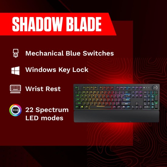 Redgear Shadow Blade Mechanical Keyboard with Drive Customization,Wired Spectrum Led Lights, Media Control Knob and Wrist Support(Black)