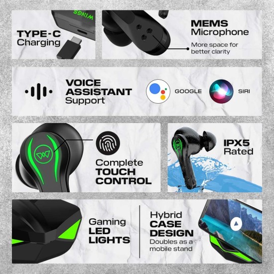 Wings Phantom Truly Wireless in Ear Earbuds with LED Battery Indiacator 50ms Low Latency 40Hrs Playtime, MEMS with Mic, Bluetooth 5.3, IPX5 Resistant, for Best Calling and Designed for Comfort Gaming