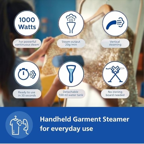 PHILIPS Handheld Garment Steamer STH3000/20 - Compact & Foldable, Convenient Vertical Steaming, 1000 Watt Quick Heat Up, up to 20g/min, Kills 99.9%* Bacteria (Reno Blue) PHILIPS Handheld Garment Steamer STH3000/20 - Compact & Foldable, Convenient Vertical Steaming, 1000 Watt Quick Heat Up, up to 20g/min, Kills 99.9%* Bacteria (Reno Blue)