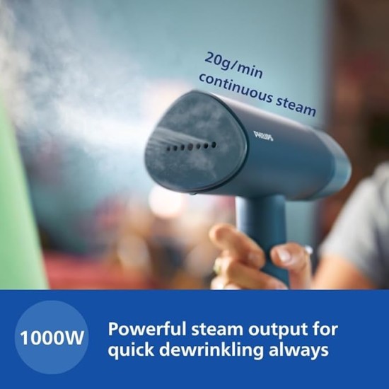 PHILIPS Handheld Garment Steamer STH3000/20 - Compact & Foldable, Convenient Vertical Steaming, 1000 Watt Quick Heat Up, up to 20g/min, Kills 99.9%* Bacteria (Reno Blue) PHILIPS Handheld Garment Steamer STH3000/20 - Compact & Foldable, Convenient Vertical Steaming, 1000 Watt Quick Heat Up, up to 20g/min, Kills 99.9%* Bacteria (Reno Blue)