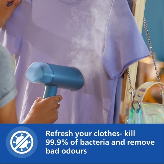 PHILIPS Handheld Garment Steamer STH3000/20 - Compact & Foldable, Convenient Vertical Steaming, 1000 Watt Quick Heat Up, up to 20g/min, Kills 99.9%* Bacteria (Reno Blue) PHILIPS Handheld Garment Steamer STH3000/20 - Compact & Foldable, Convenient Vertical Steaming, 1000 Watt Quick Heat Up, up to 20g/min, Kills 99.9%* Bacteria (Reno Blue)