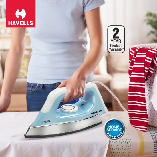 Havells ABS Hawk 1100 Watt Heavy Weight Dry Iron With American Heritage Non Stick Sole Plate, Aerodynamic Design, Easy Grip Temperature Knob  (Blue & White), 1100 Watts