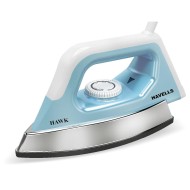 Havells ABS Hawk 1100 Watt Heavy Weight Dry Iron With American Heritage Non Stick Sole Plate, Aerodynamic Design, Easy Grip Temperature Knob  (Blue & White), 1100 Watts