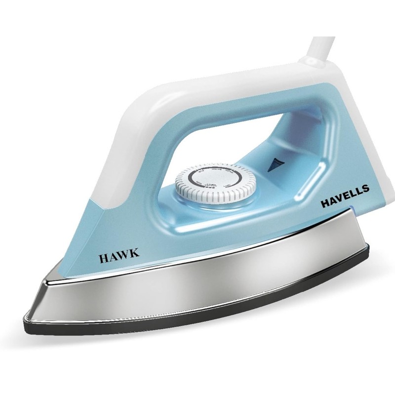 Havells ABS Hawk 1100 Watt Heavy Weight Dry Iron With American Heritage Non Stick Sole Plate, Aerodynamic Design, Easy Grip Temperature Knob  (Blue & White), 1100 Watts