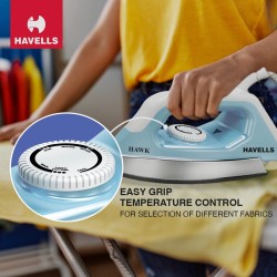 Havells ABS Hawk 1100 Watt Heavy Weight Dry Iron With American Heritage Non Stick Sole Plate, Aerodynamic Design, Easy Grip Temperature Knob  (Blue & White), 1100 Watts