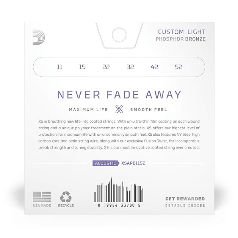 D'Addario XS Acoustic Guitar coated Strings Phosphor Bronze, Custom Light, 11-52 (XSAPB1152) D'Addario XS Acoustic Guitar coated Strings Phosphor Bronze, Custom Light, 11-52 (XSAPB1152)