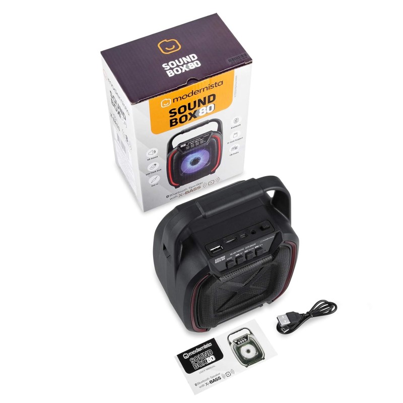 Modernista SoundBox 80 Wireless Portable BT Speaker with USB Pen Drive Slot, 3.5mm AUX Input, Micro SD Card Slot, Built in FM, BT5.0,Carry Handle, LED Modernista SoundBox 80 Wireless Portable BT Speaker with USB Pen Drive Slot, 3.5mm AUX Input, Micro SD Card Slot, Built in FM, BT5.0,Carry Handle, LED