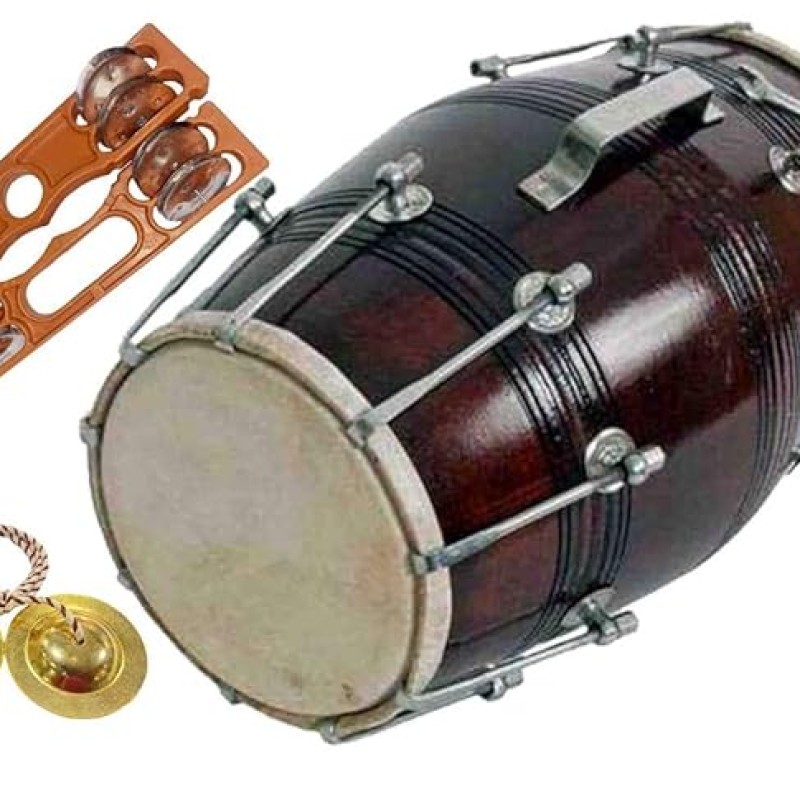 GT manufacture Professinal Mango wood Nut & Bold fitting Dholak with Manjira&Khartal Free(Brown) GT manufacture Professinal Mango wood Nut & Bold fitting Dholak with Manjira&Khartal Free(Brown)