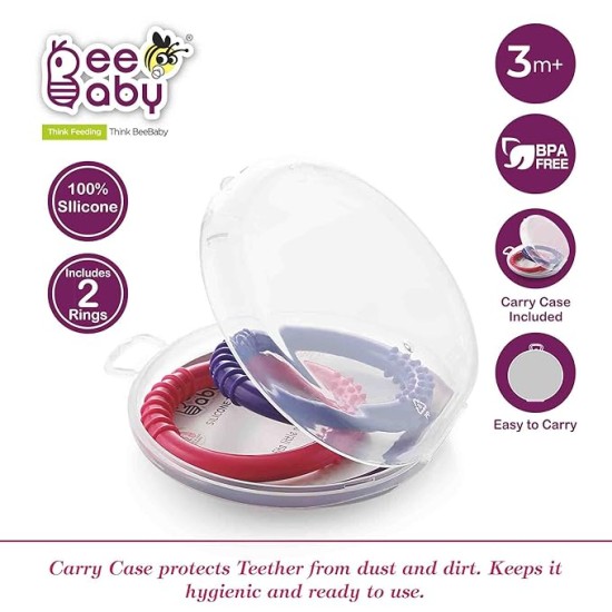 BeeBaby Loops Shape Soft Silicone Teether for 6 to 12 Months with Carry Case, BPA Free Teething Toy for Babies with Textured Surface for Soothing Gums. 100% Food Grade (Loops - Pink_Violet) Pack of 2