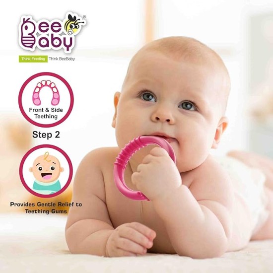BeeBaby Loops Shape Soft Silicone Teether for 6 to 12 Months with Carry Case, BPA Free Teething Toy for Babies with Textured Surface for Soothing Gums. 100% Food Grade (Loops - Pink_Violet) Pack of 2