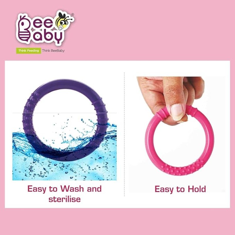 BeeBaby Loops Shape Soft Silicone Teether for 6 to 12 Months with Carry Case, BPA Free Teething Toy for Babies with Textured Surface for Soothing Gums. 100% Food Grade (Loops - Pink_Violet) Pack of 2 BeeBaby Loops Shape Soft Silicone Teether for 6 to 12 Months with Carry Case, BPA Free Teething Toy for Babies with Textured Surface for Soothing Gums. 100% Food Grade (Loops - Pink_Violet) Pack of 2