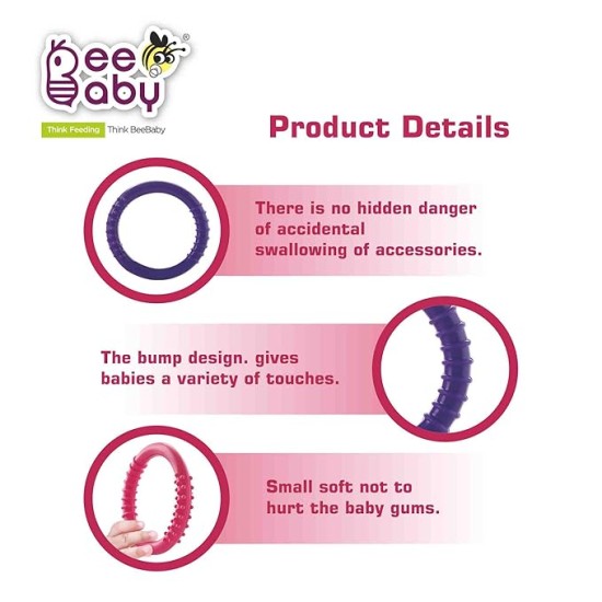 BeeBaby Loops Shape Soft Silicone Teether for 6 to 12 Months with Carry Case, BPA Free Teething Toy for Babies with Textured Surface for Soothing Gums. 100% Food Grade (Loops - Pink_Violet) Pack of 2