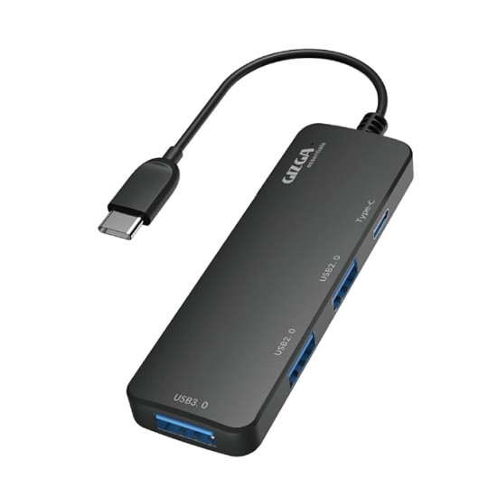 Gizga Essentials Type-C 4 Port Adapter Hub, Fast Data Transfer, USB 3.0 Ports, Multi-System Compatible, MacBook & Type-C Devices, for Windows/Mac OS/Linux, 5GBPS, Voltage Protection, Black