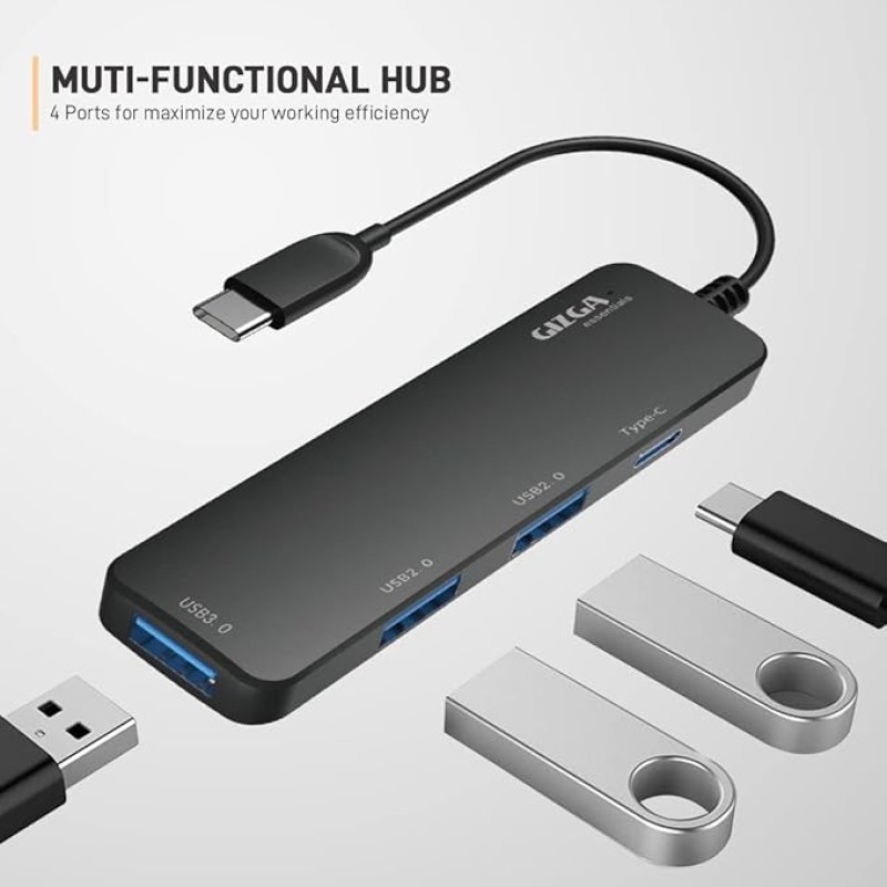Gizga Essentials Type-C 4 Port Adapter Hub, Fast Data Transfer, USB 3.0 Ports, Multi-System Compatible, MacBook & Type-C Devices, for Windows/Mac OS/Linux, 5GBPS, Voltage Protection, Black Gizga Essentials Type-C 4 Port Adapter Hub, Fast Data Transfer, USB 3.0 Ports, Multi-System Compatible, MacBook & Type-C Devices, for Windows/Mac OS/Linux, 5GBPS, Voltage Protection, Black