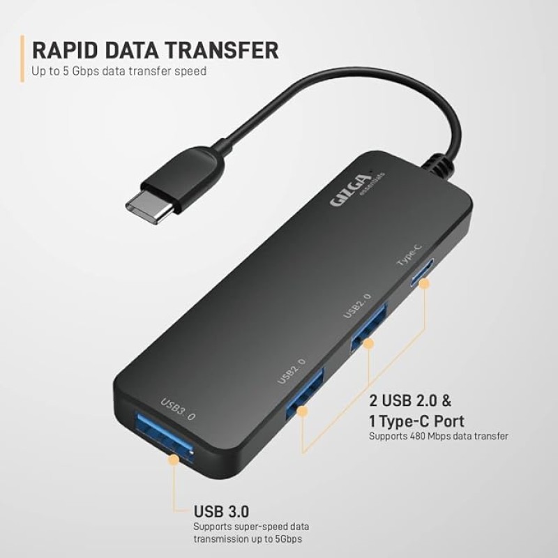 Gizga Essentials Type-C 4 Port Adapter Hub, Fast Data Transfer, USB 3.0 Ports, Multi-System Compatible, MacBook & Type-C Devices, for Windows/Mac OS/Linux, 5GBPS, Voltage Protection, Black Gizga Essentials Type-C 4 Port Adapter Hub, Fast Data Transfer, USB 3.0 Ports, Multi-System Compatible, MacBook & Type-C Devices, for Windows/Mac OS/Linux, 5GBPS, Voltage Protection, Black