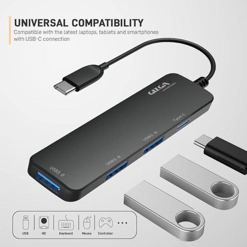 Gizga Essentials Type-C 4 Port Adapter Hub, Fast Data Transfer, USB 3.0 Ports, Multi-System Compatible, MacBook & Type-C Devices, for Windows/Mac OS/Linux, 5GBPS, Voltage Protection, Black Gizga Essentials Type-C 4 Port Adapter Hub, Fast Data Transfer, USB 3.0 Ports, Multi-System Compatible, MacBook & Type-C Devices, for Windows/Mac OS/Linux, 5GBPS, Voltage Protection, Black