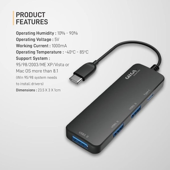 Gizga Essentials Type-C 4 Port Adapter Hub, Fast Data Transfer, USB 3.0 Ports, Multi-System Compatible, MacBook & Type-C Devices, for Windows/Mac OS/Linux, 5GBPS, Voltage Protection, Black