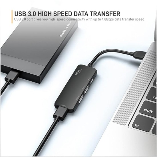 Gizga Essentials Type-C 4 Port Adapter Hub, Fast Data Transfer, USB 3.0 Ports, Multi-System Compatible, MacBook & Type-C Devices, for Windows/Mac OS/Linux, 5GBPS, Voltage Protection, Black